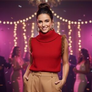 Red Sleeveless Sweater with Faux Fur Trim